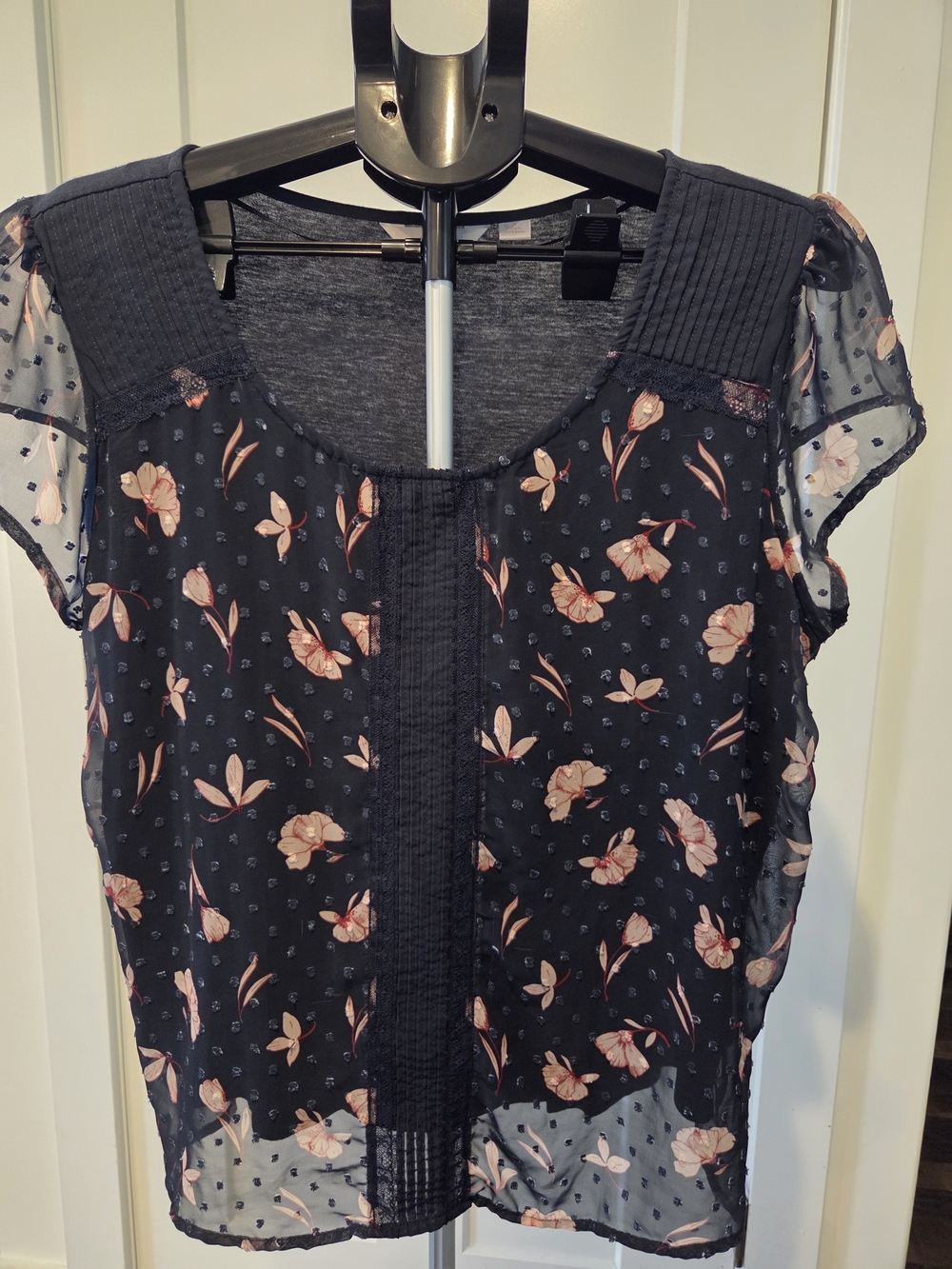 118. LC Lauren Conrad Navy Floral Short Sleeve Blouse with Pink Blossoms